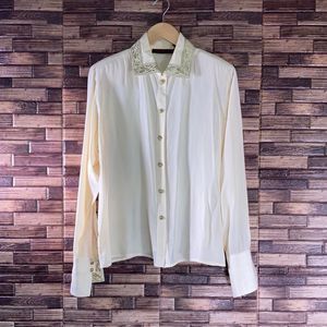 Vintage 80’s Jerri Sherman Silk Cream Blouse Size 6 w/ Gold trimming Detail
